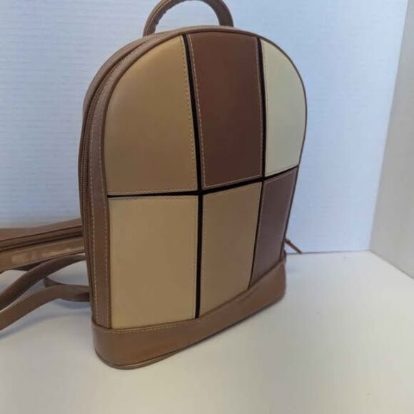 Small Two-Tone Tan Vegan Leather Backpack Crossbody Bag for Her 10x8.5x2